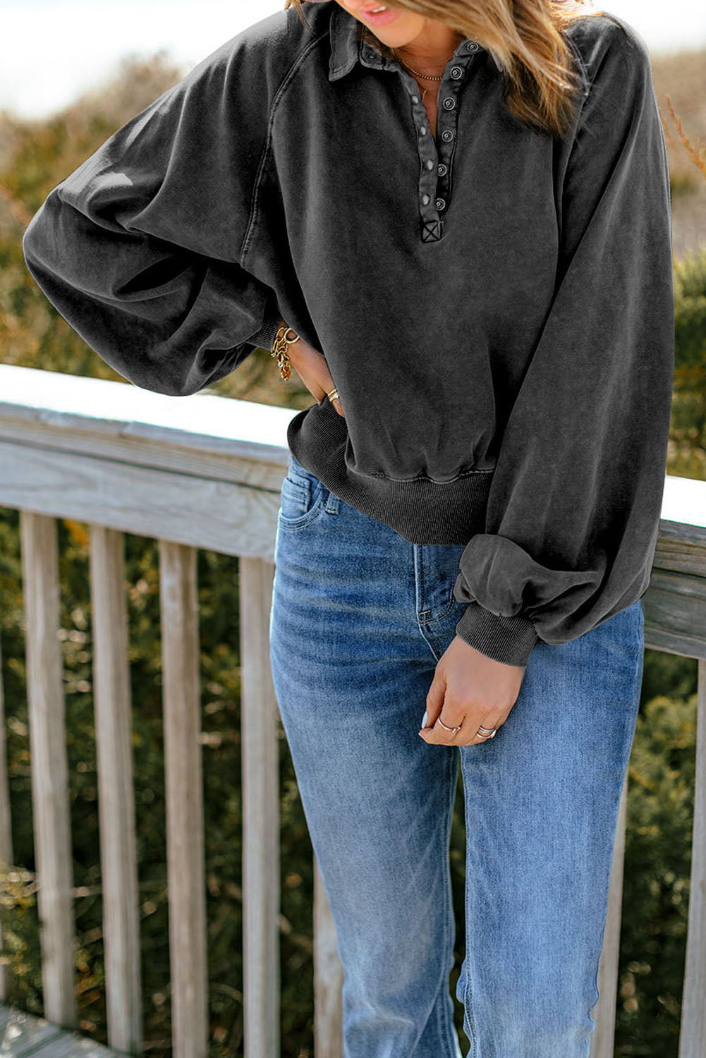 Quarter-snap Collared Lantern Sleeve Sweatshirt (10)