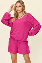Full Size Texture V-neck Long Sleeve T-shirt Shorts Set (2)