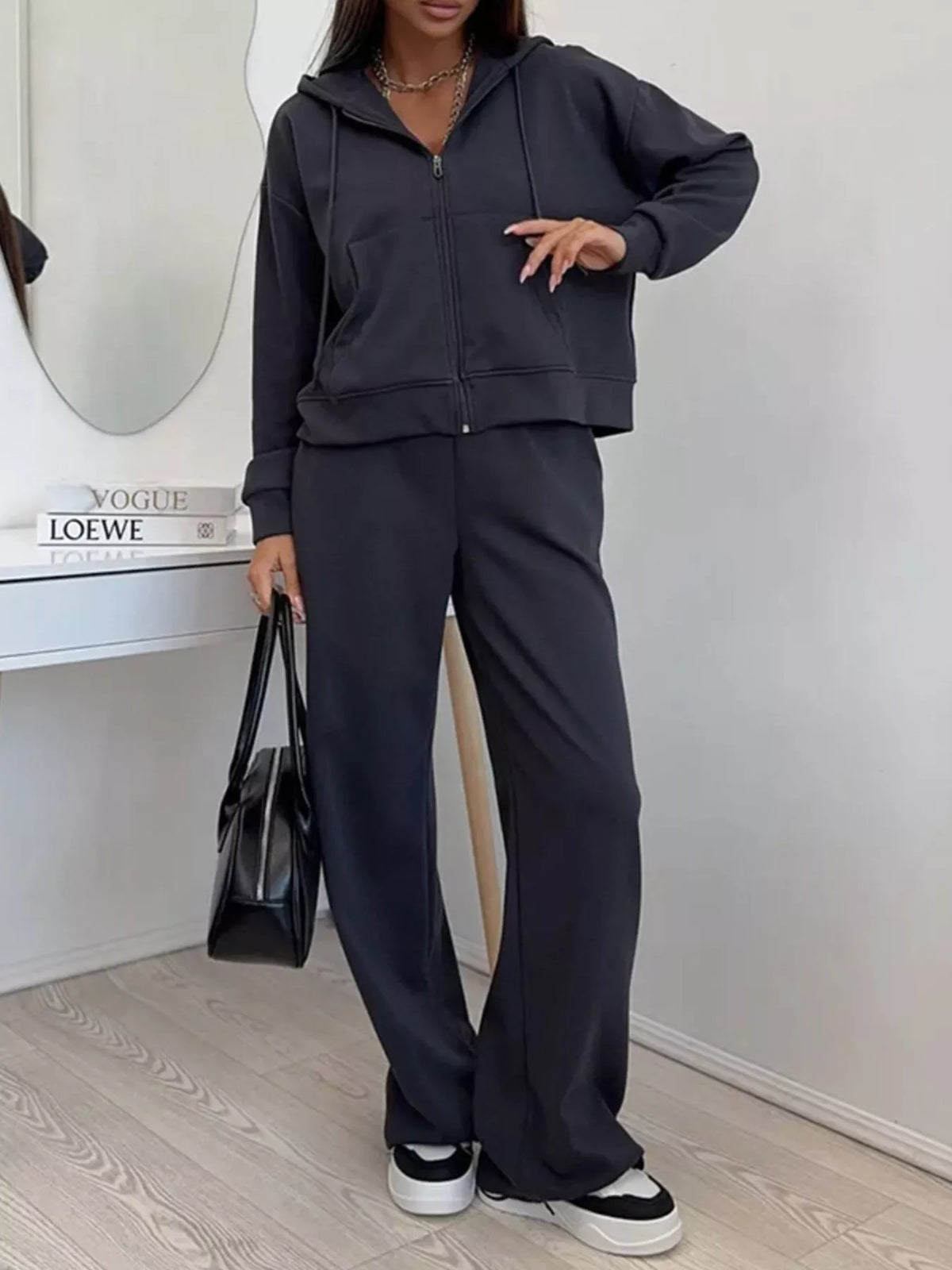 Zip-up Hoodie Wide-leg Pants Set (14)