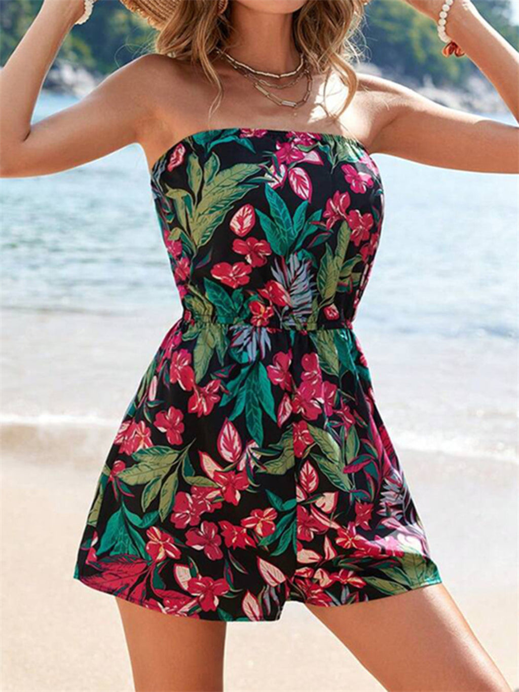 Floral Print Strapless Elastic Waist Romper (14)