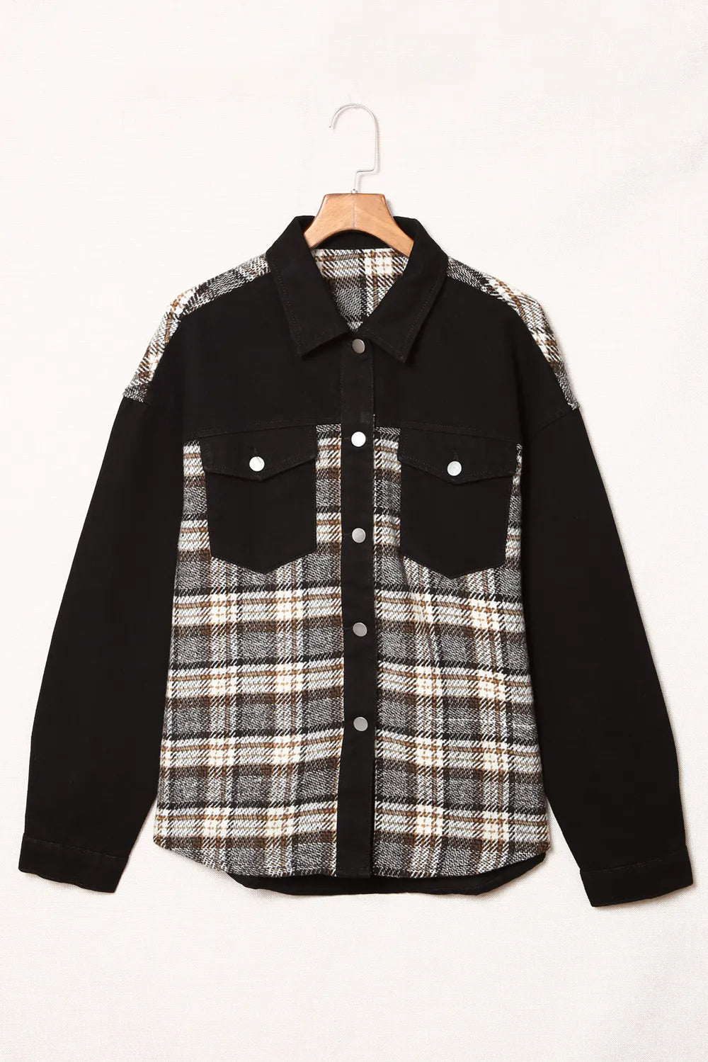 Plaid Pocketed Button Up Denim Jacket (4)