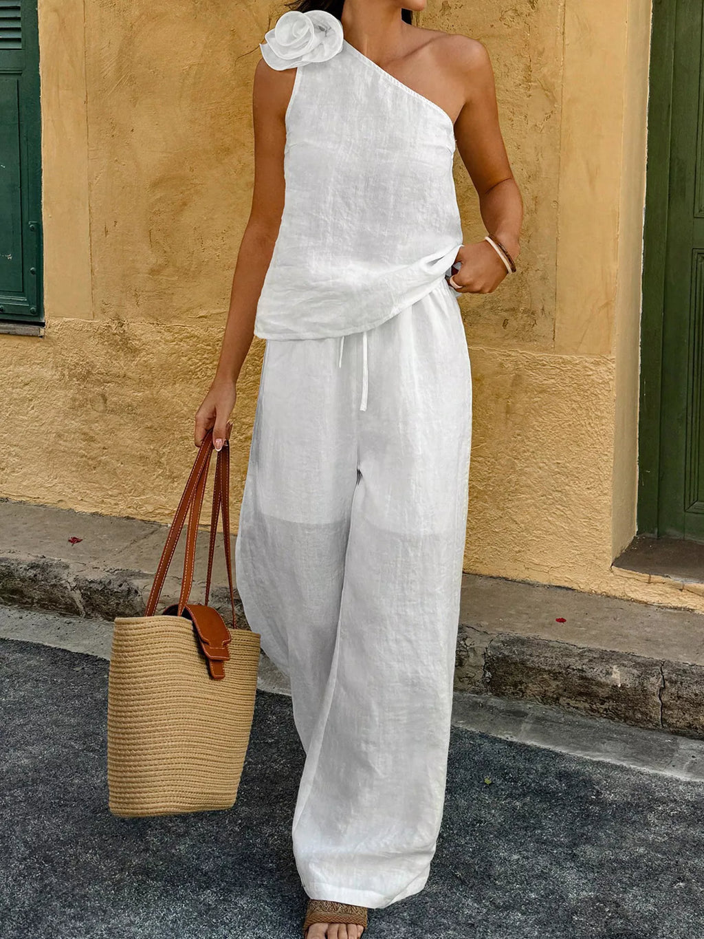 One-shoulder Floral Embellished Top Pants Set