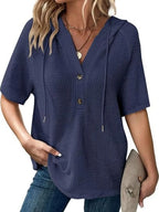 Drawstring Waffle-knit Short Sleeve Hooded Top (25)