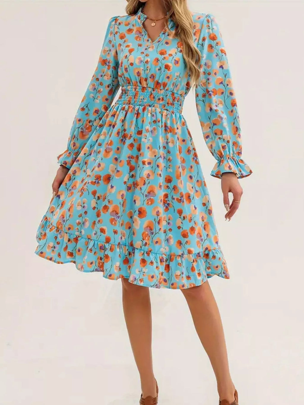 Floral Notched Flounce Sleeve Dress (13)
