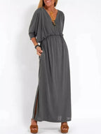 Full Size V-neck Batwing Sleeve Maxi Dress Side Slits Plus