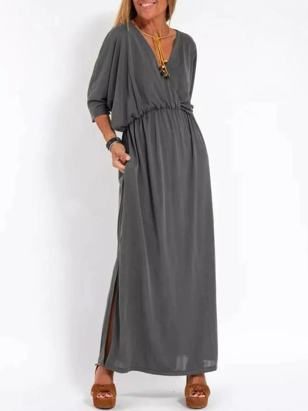 Full Size V-neck Batwing Sleeve Maxi Dress Side Slits Plus