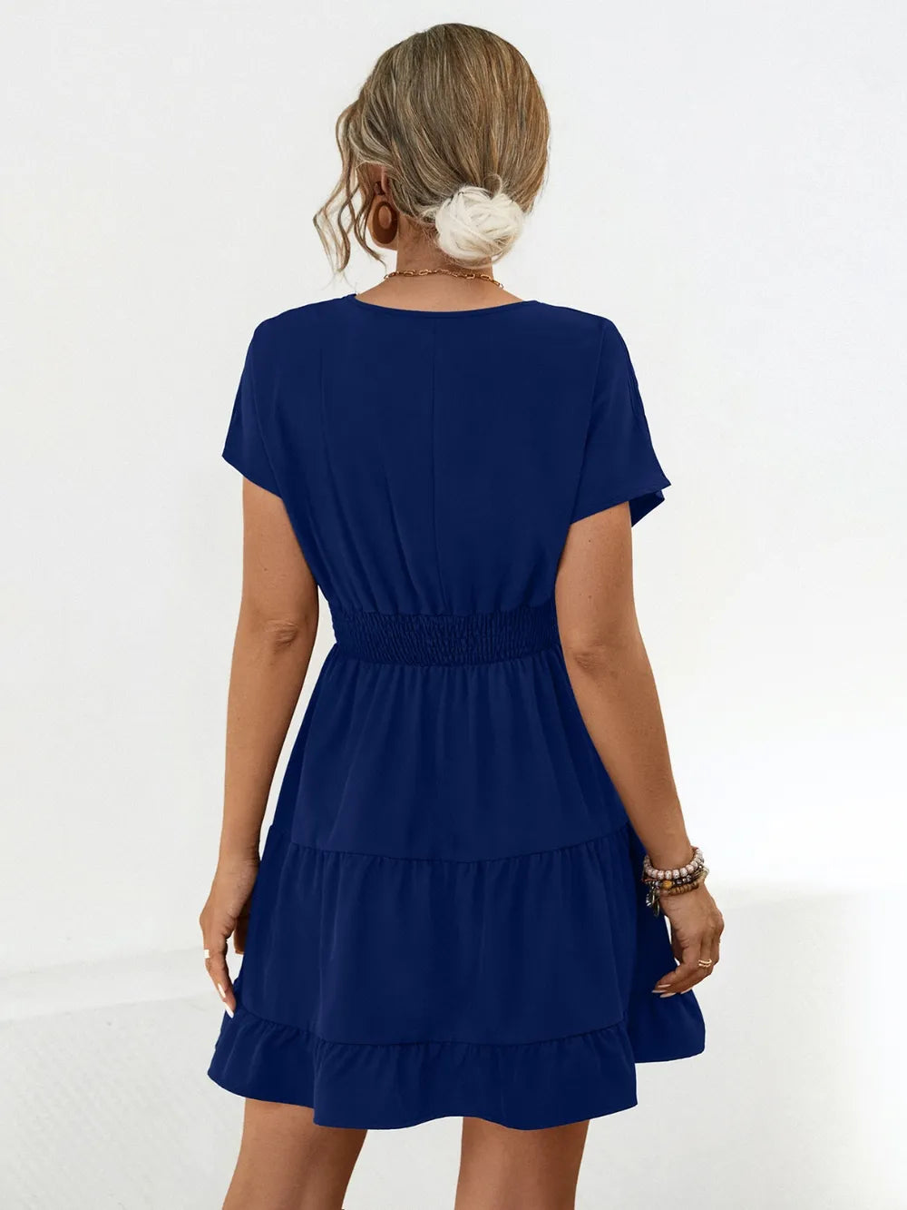 Ruffled Smocked V-neck Tiered Dress (2)