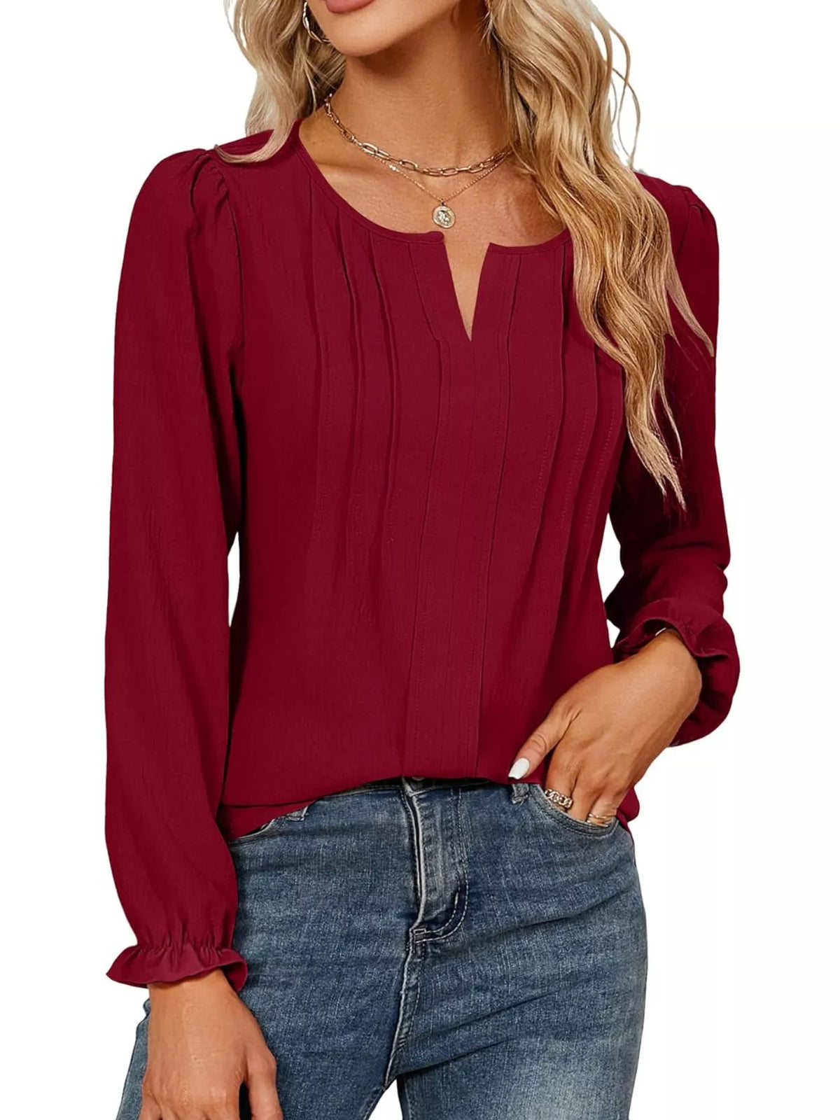 Notched Ruffle Cuff Blouse (3)