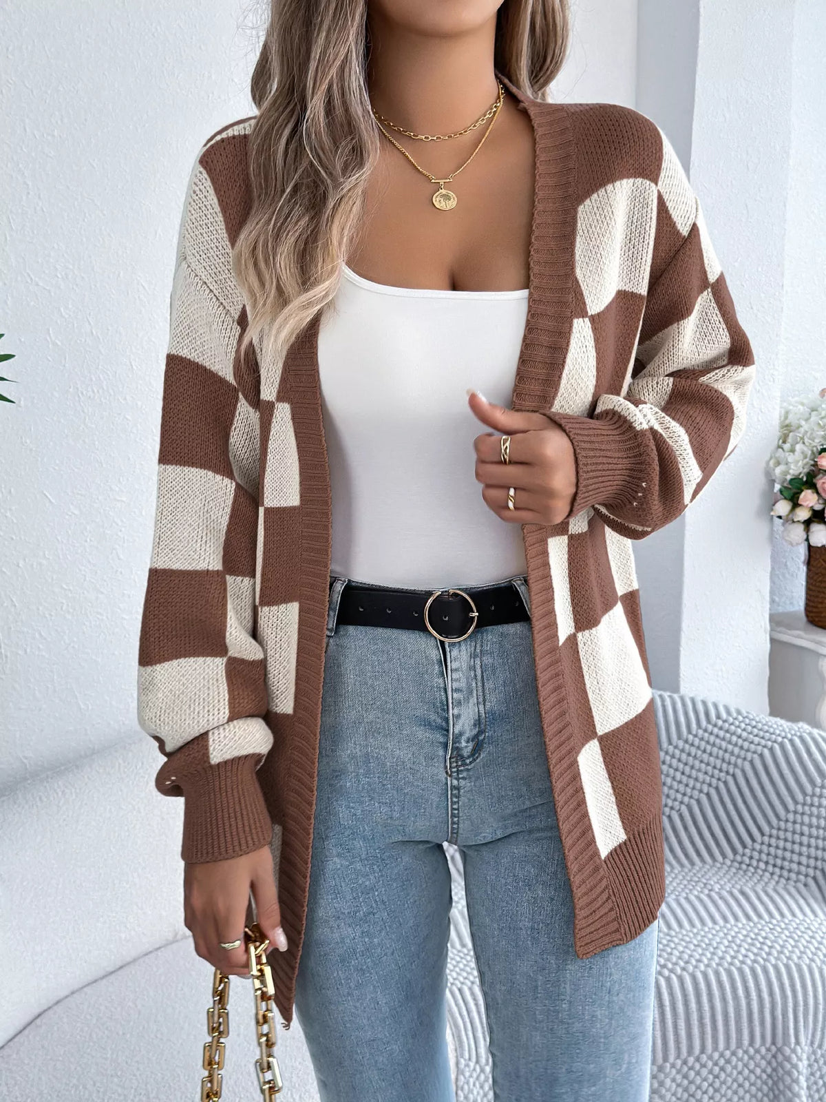 Checkered Pattern Open Front Cardigan (11)