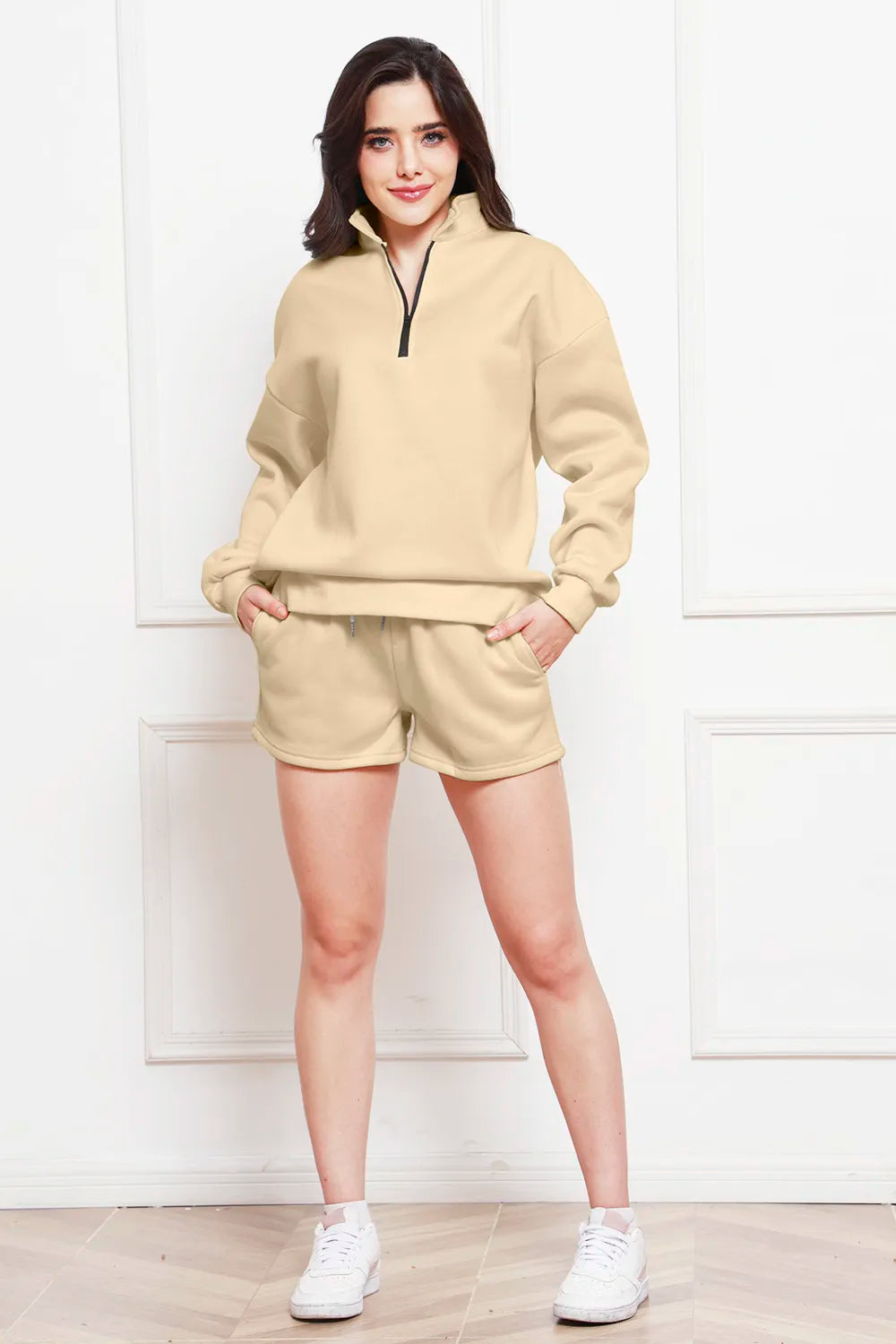 Half Zip Long Sleeve Sweatshirt Drawstring Shorts Set (4)