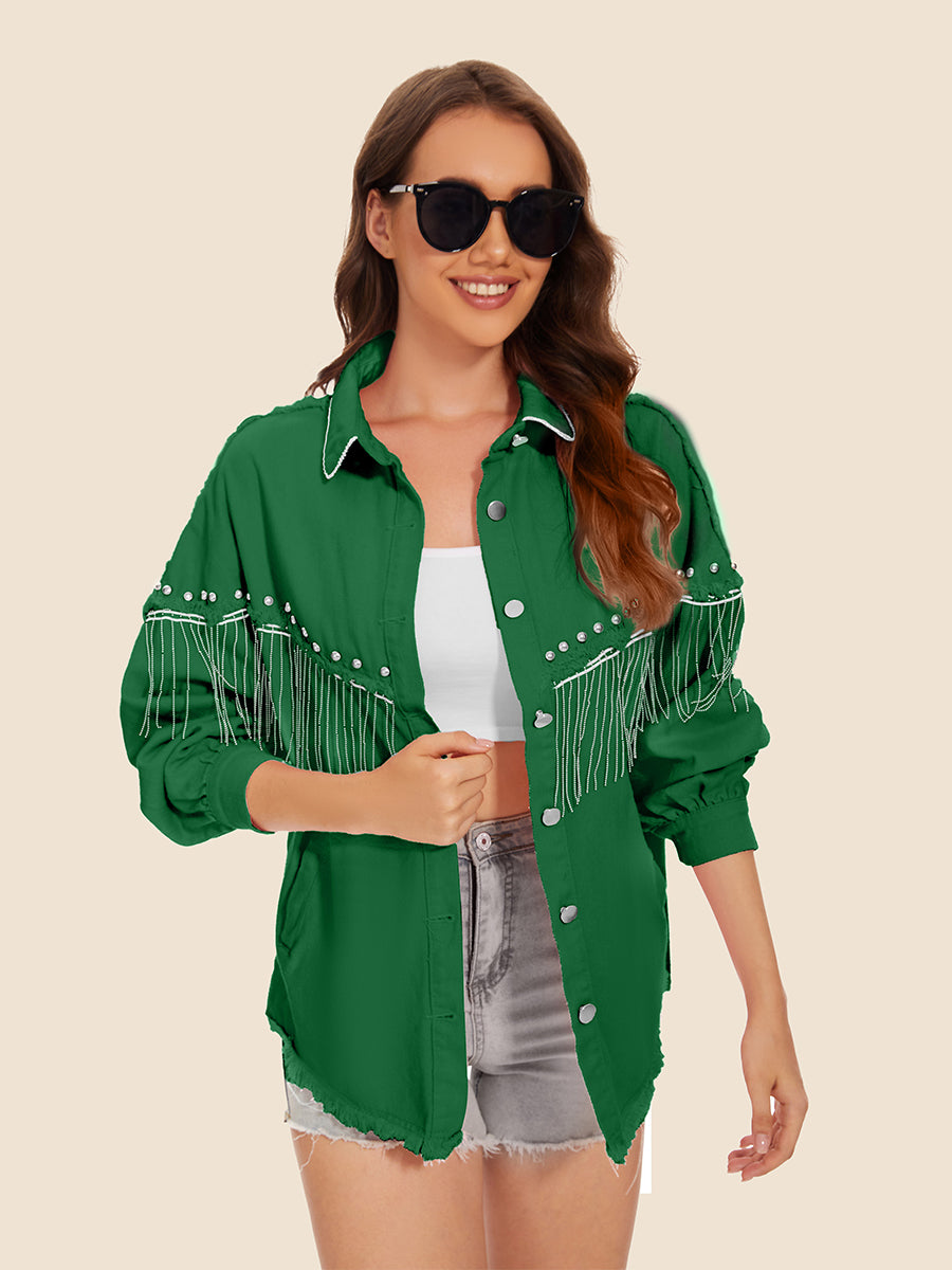 Raw Hem Fringe Detail Denim Jacket (7)