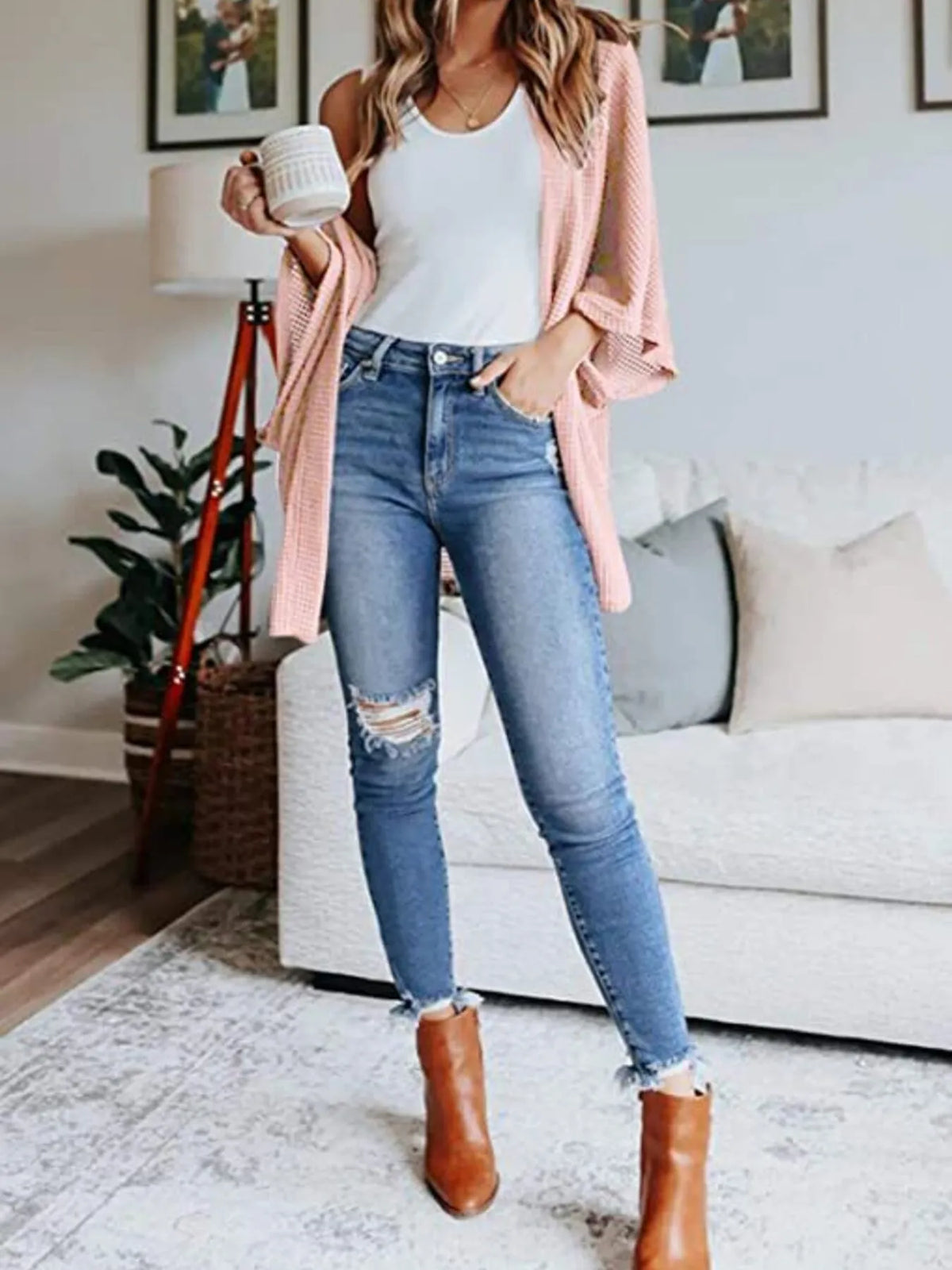 Full Size Open Front Waffle Knit Cardigan Plus (3)