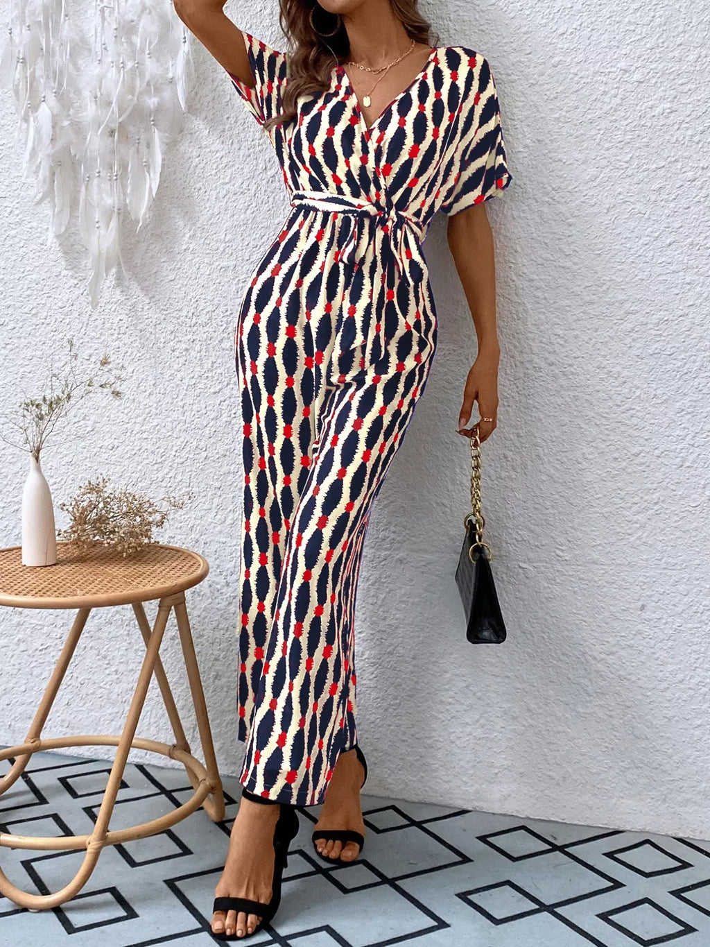 Printed Surplice Tie Waist Short Sleeve Jumpsuit (17)