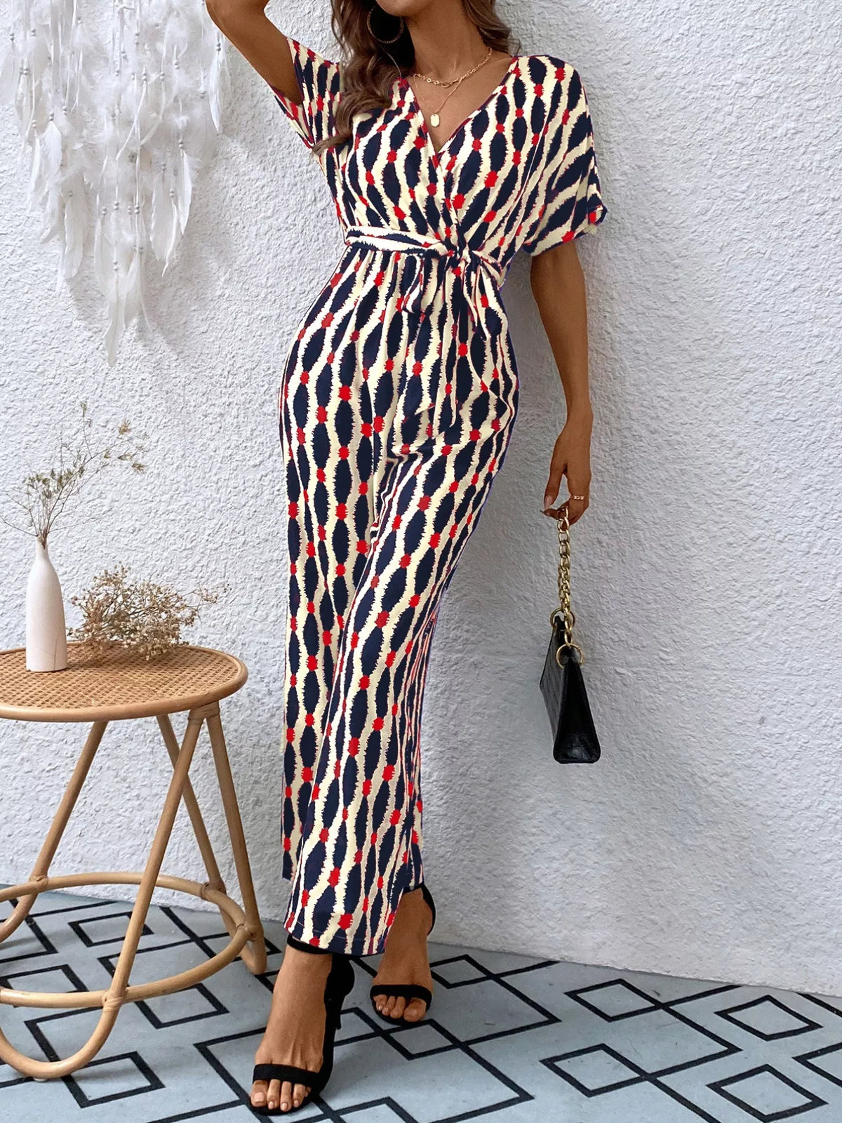 Printed Surplice Tie Waist Short Sleeve Jumpsuit (17)