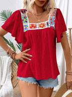 Embroidered Square Neck Flutter Sleeve Blouse