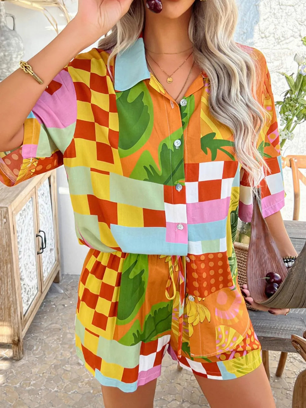 Printed Collared Neck Half Sleeve Top Shorts Set (2)