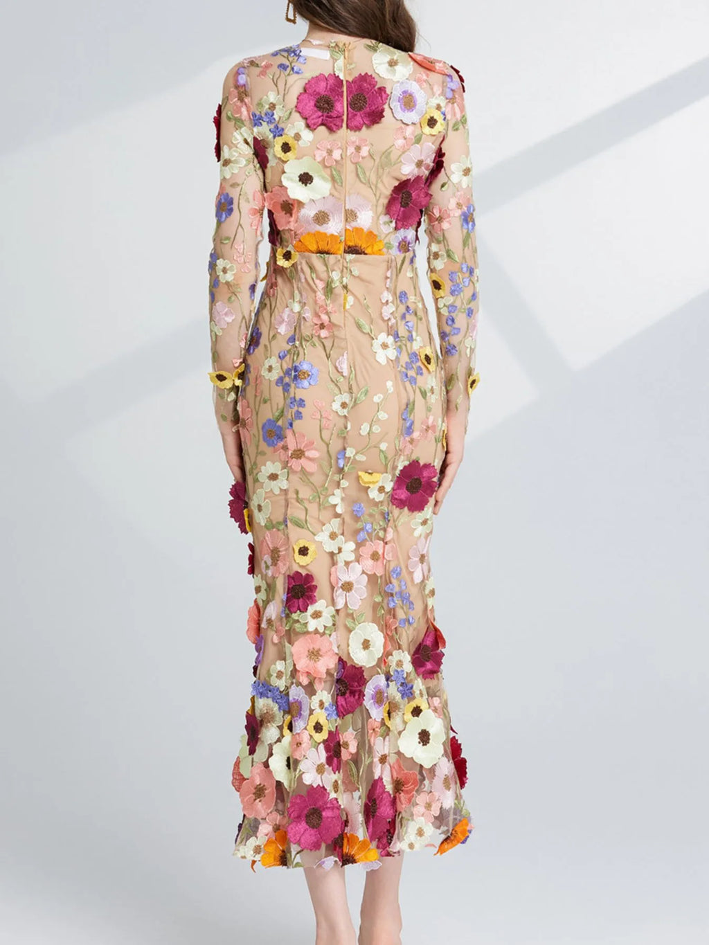 Floral Embroidered Mesh Long Sleeve Midi Dress (6)
