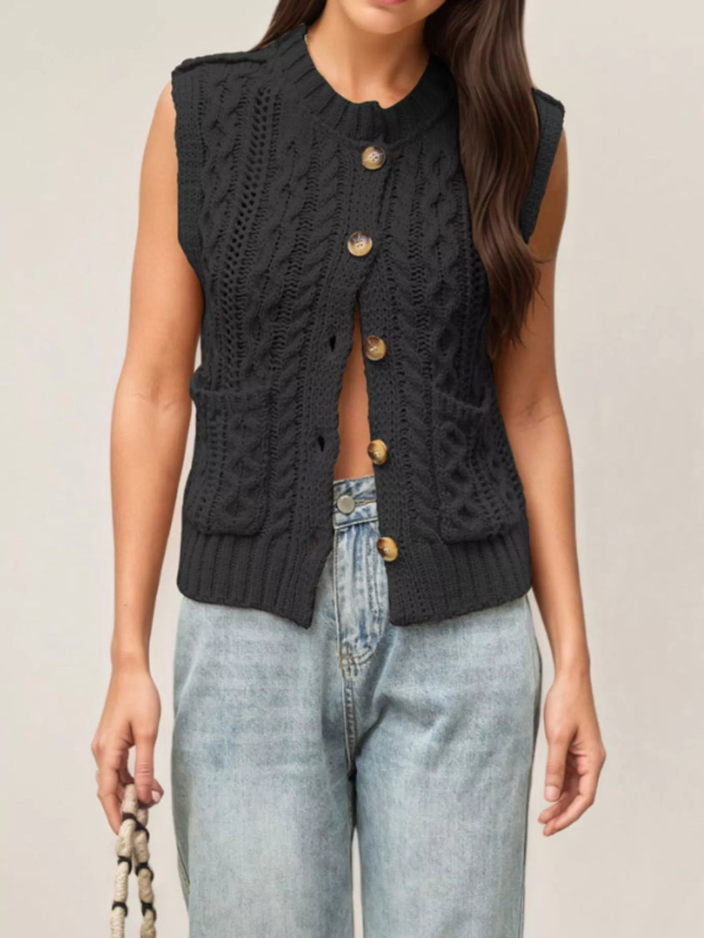 Cable-knit Button-down Sweater Vest (6)