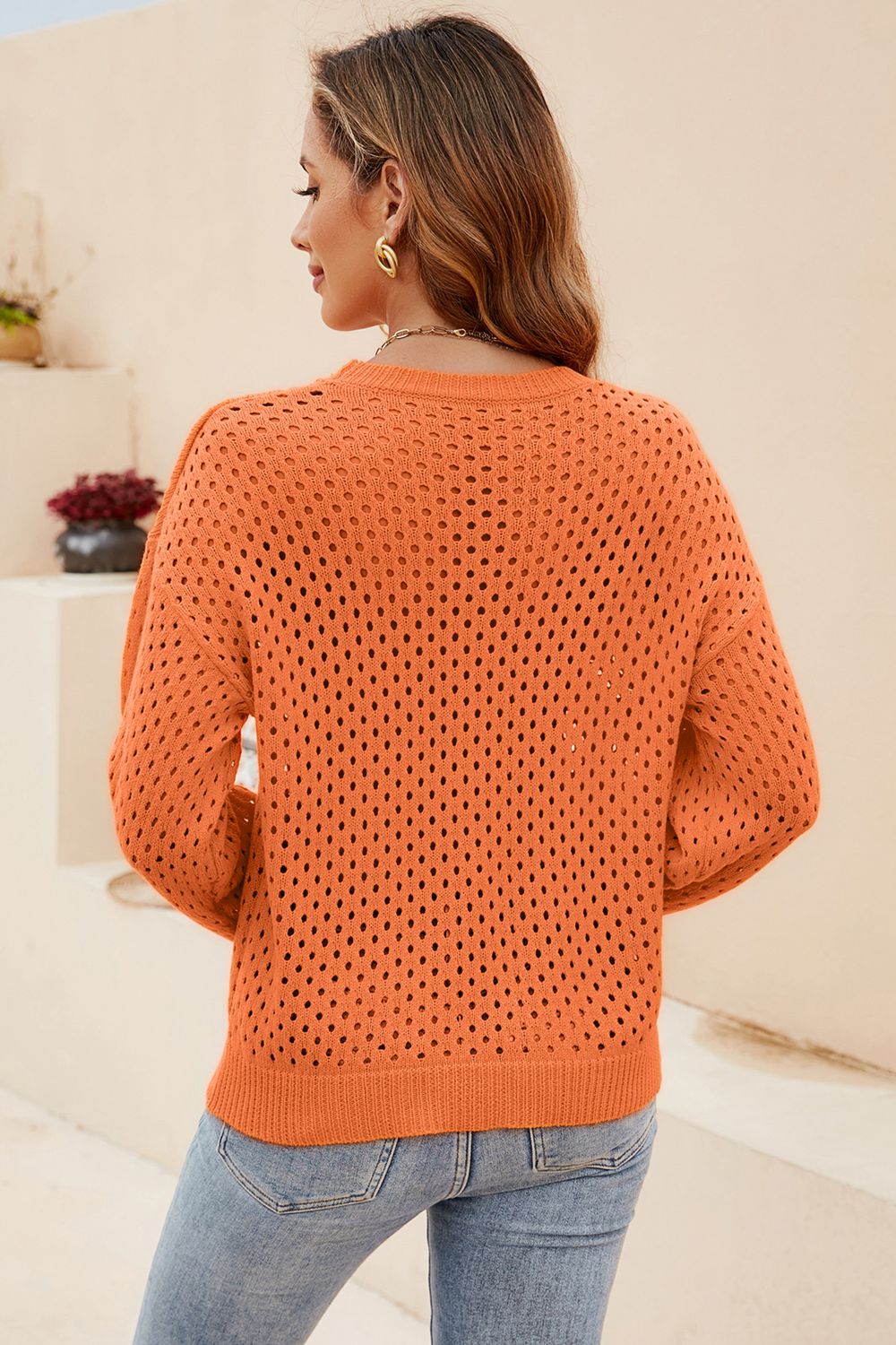 Round Neck Openwork Dropped Shoulder Knit Top (8)