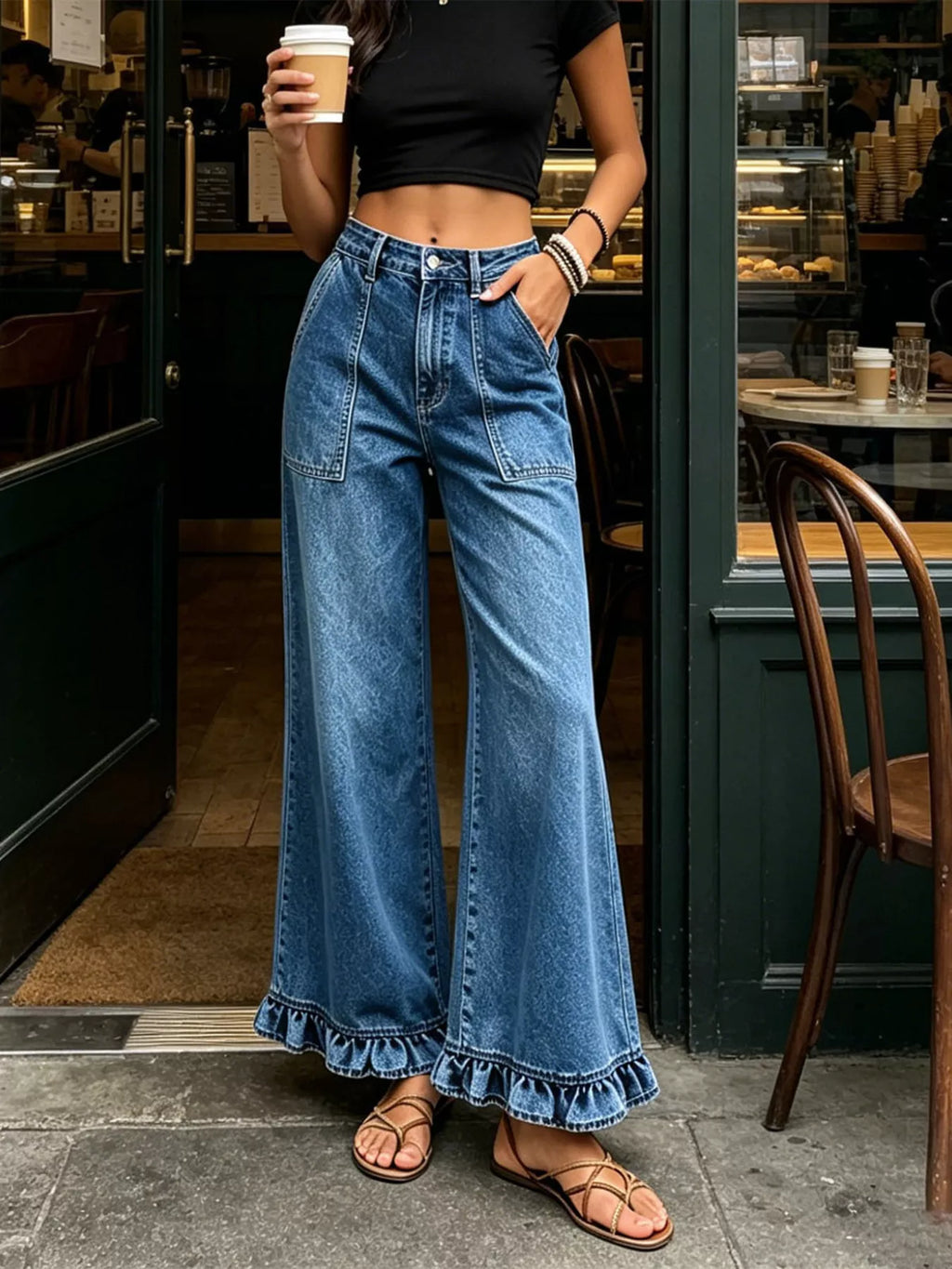 High-waisted Wide-leg Ruffle Hem Jeans (6)