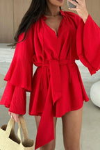 Bell Sleeve Tie Waist Mini Shirt Dress (22)