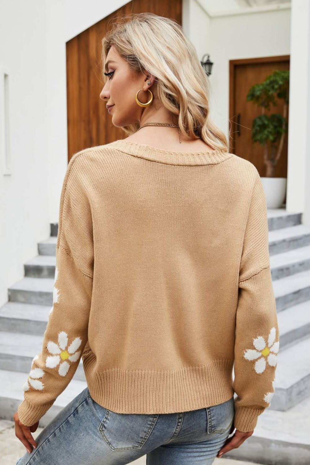 Floral Ribbed Trim Drop Shoulder Cardigan (19)