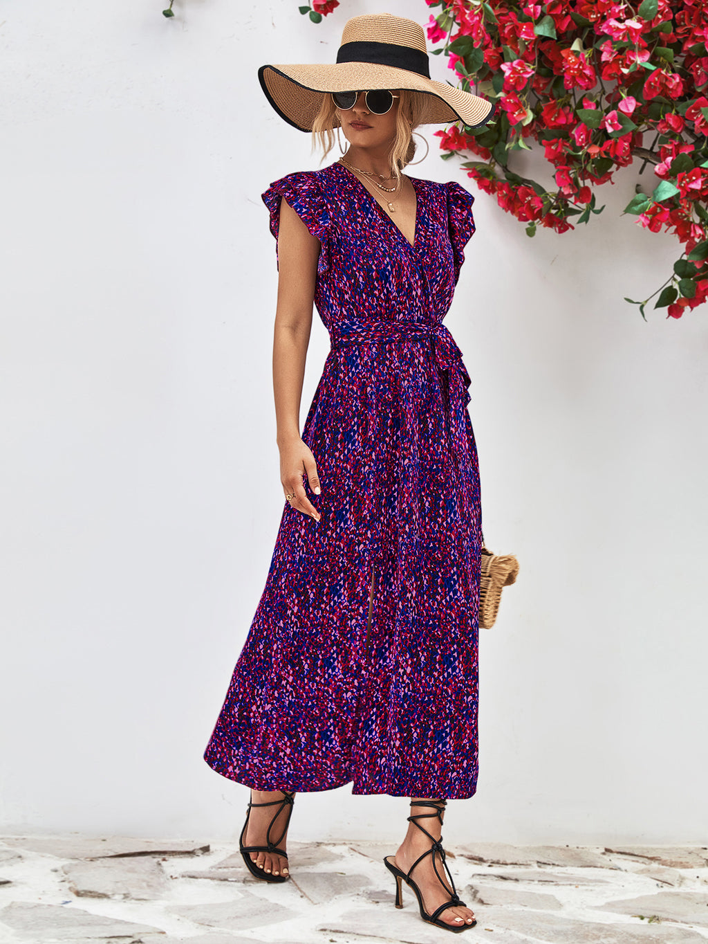 Printed Surplice Neck Flutter Sleeve Slit Dress (7)