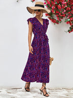 Printed Surplice Neck Flutter Sleeve Slit Dress (7)