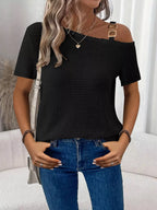 One-shoulder Chain Detail Waffle Knit T-shirt (7)