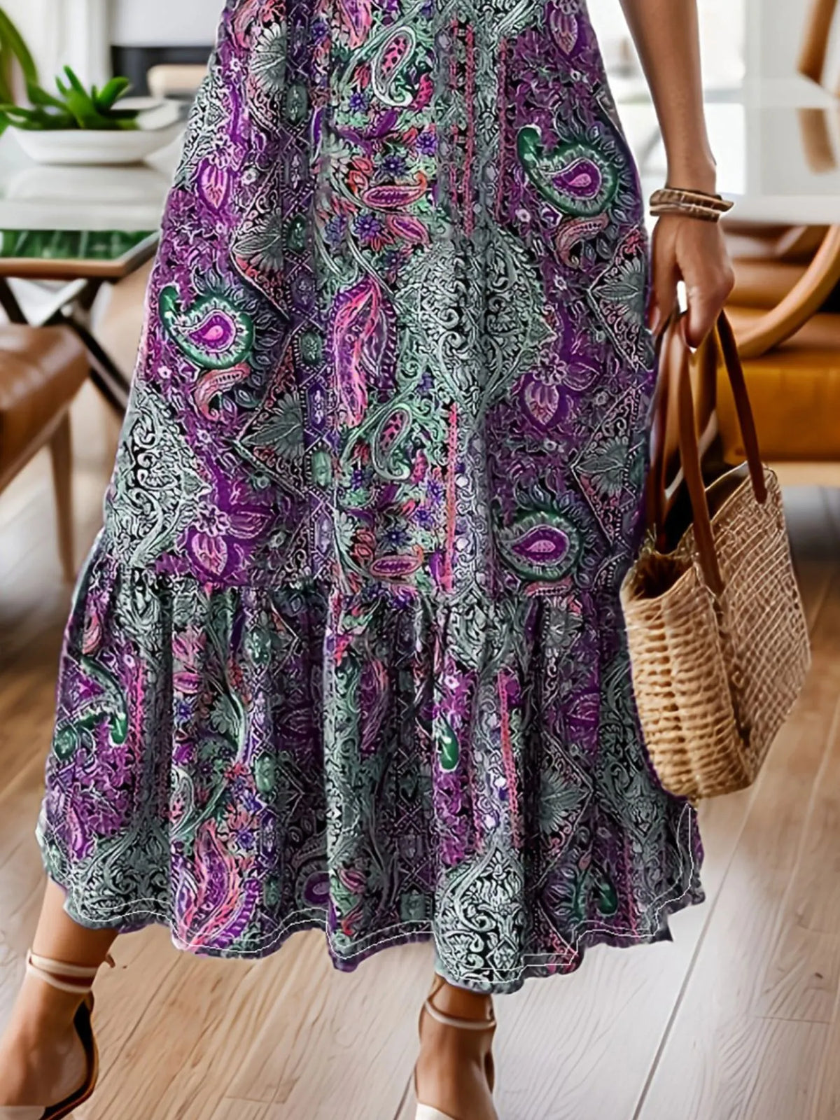 Full Size Bohemian Paisley Print Ruffle Hem Midi Dress Plus (8)