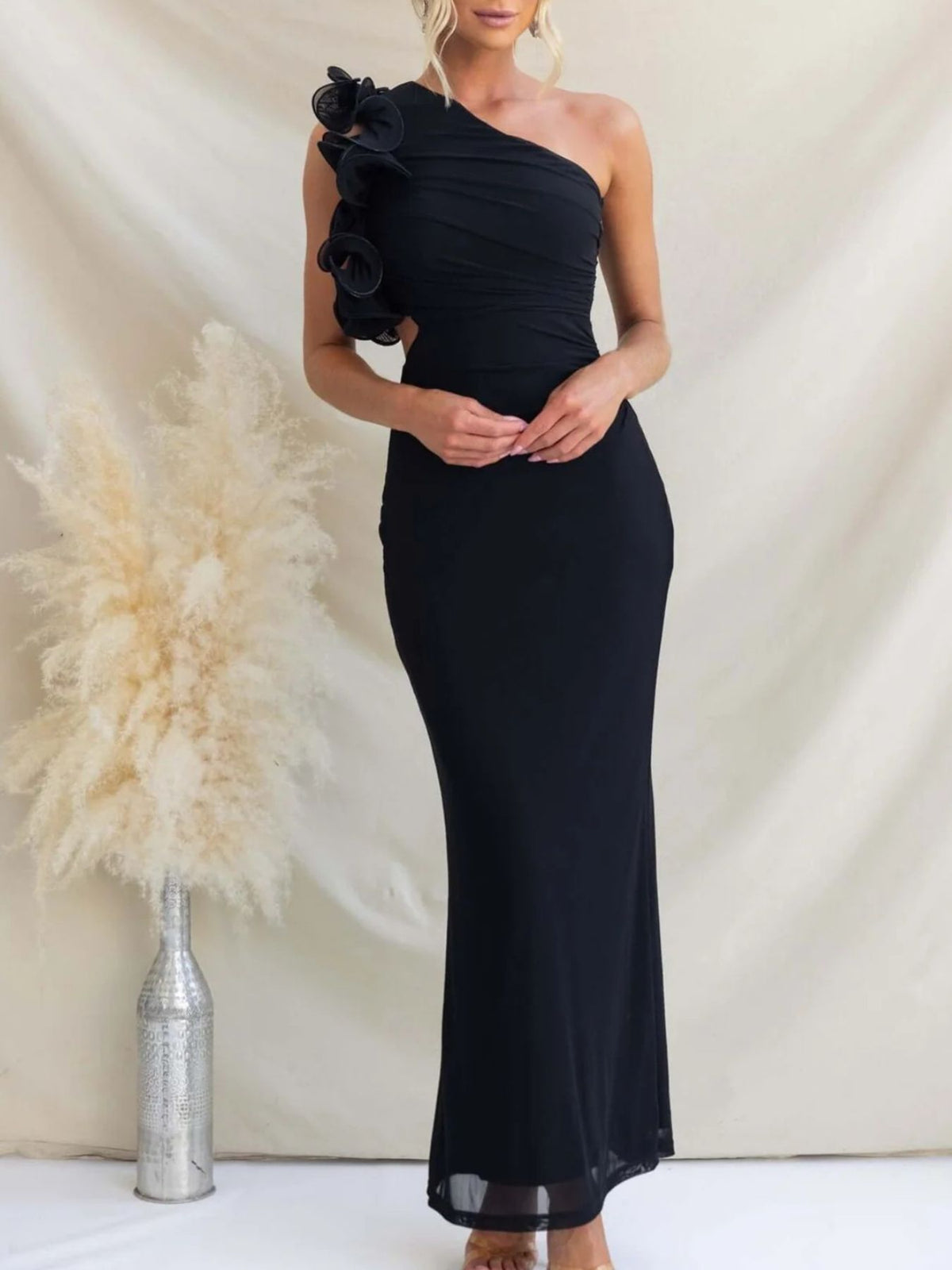 One-shoulder Floral Trim Sleeveless Maxi Dress (5)