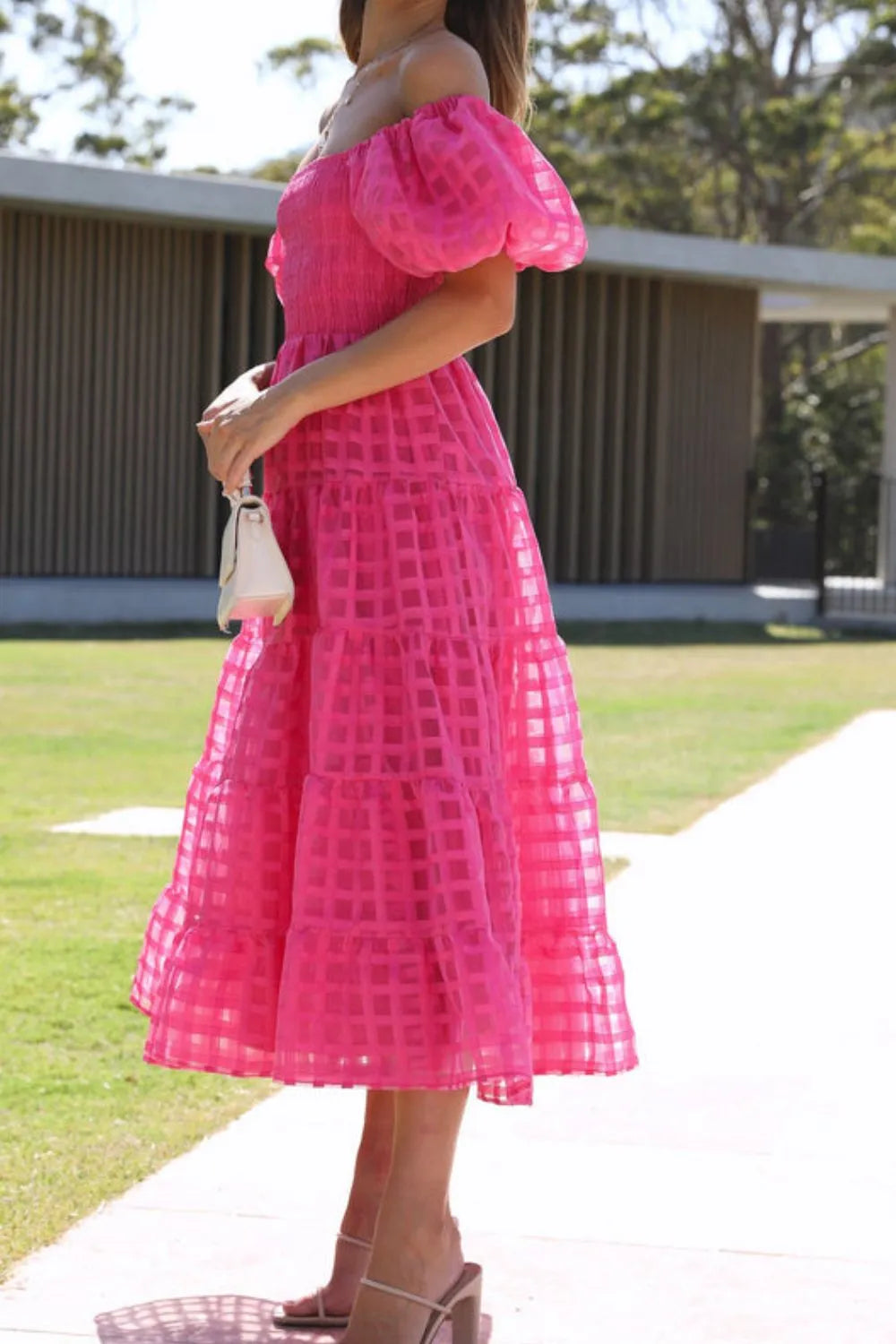 Off Shoulder Short Puff Sleeve Midi Dress (25)