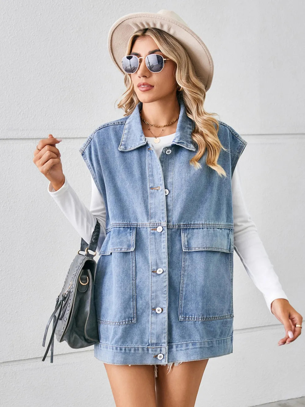 Pocketed Button Up Sleeveless Denim Jacket (4)