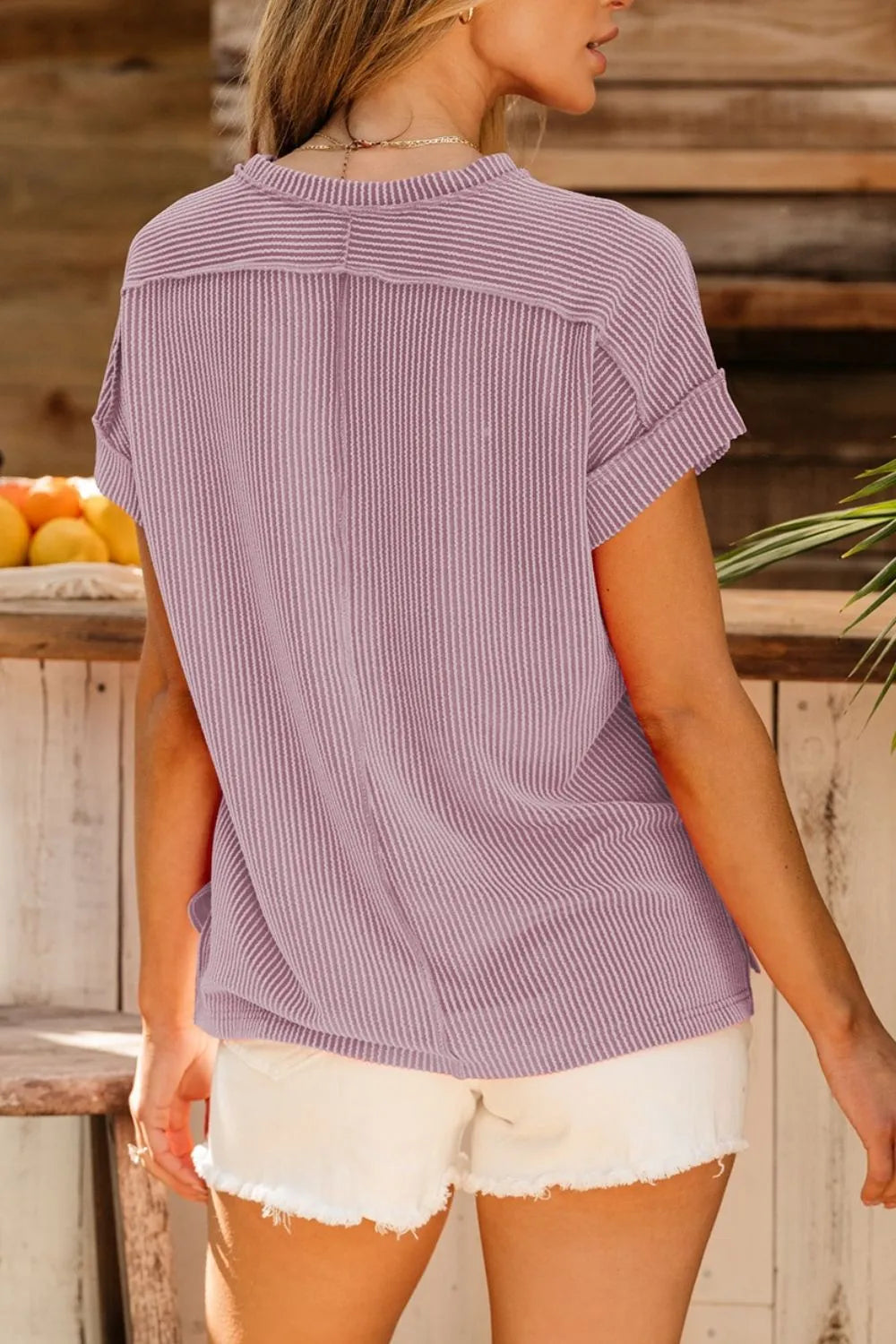 Casual Ribbed Short Sleeve Round Neck T-shirt (3)