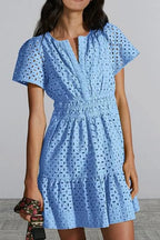 Eyelet Notched Short Sleeve Mini Dress (13)