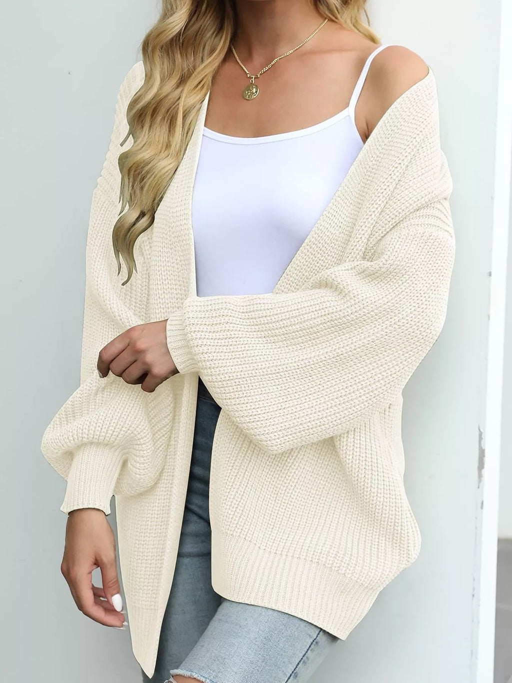 Chunky Knit Open Front Cardigan Lantern Sleeves (20)