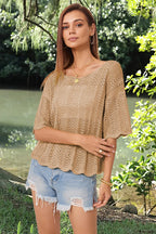 Openwork Round Neck Half Sleeve Knit Top (4)