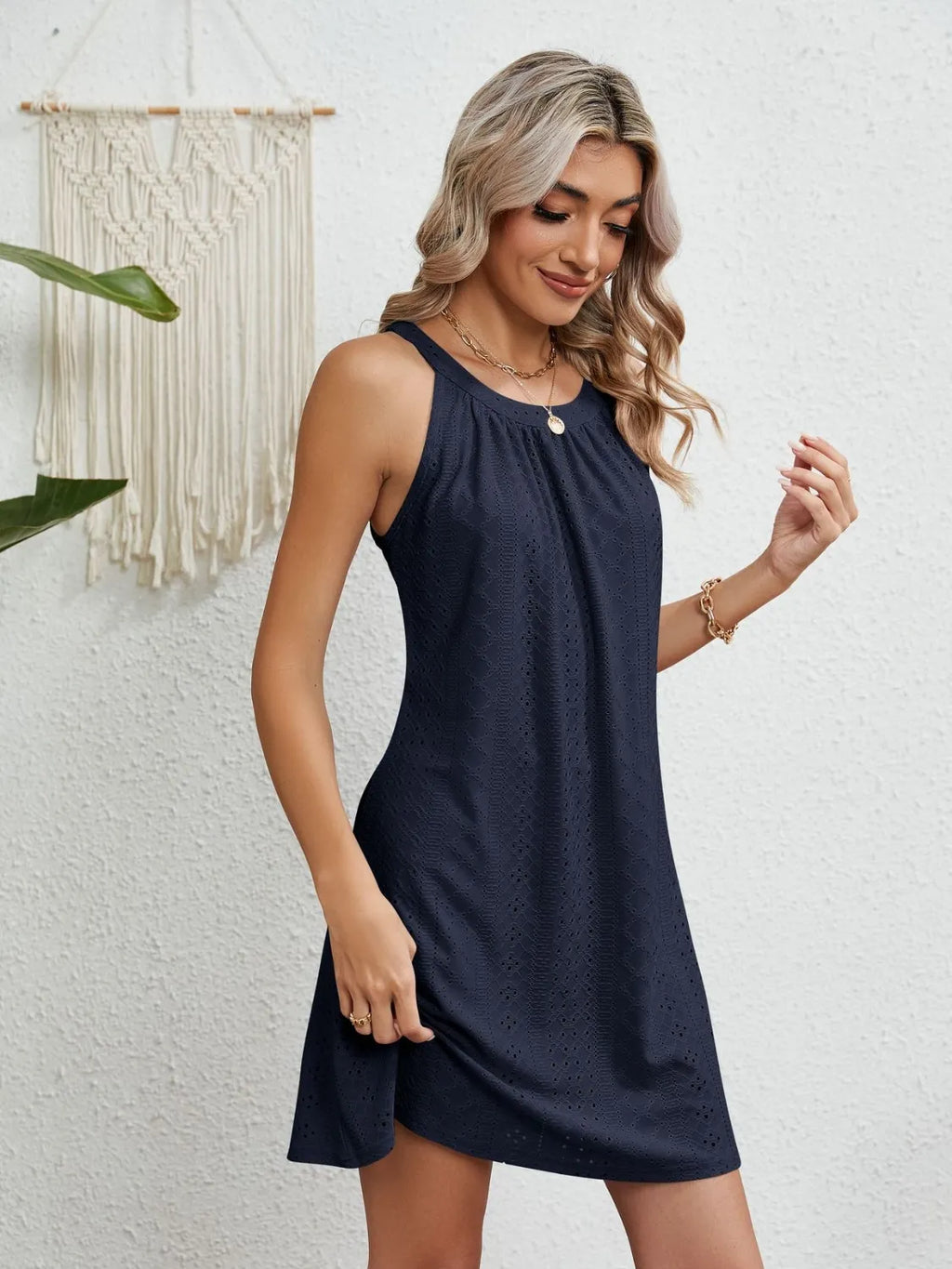 Eyelet Round Neck Sleeveless Dress (23)