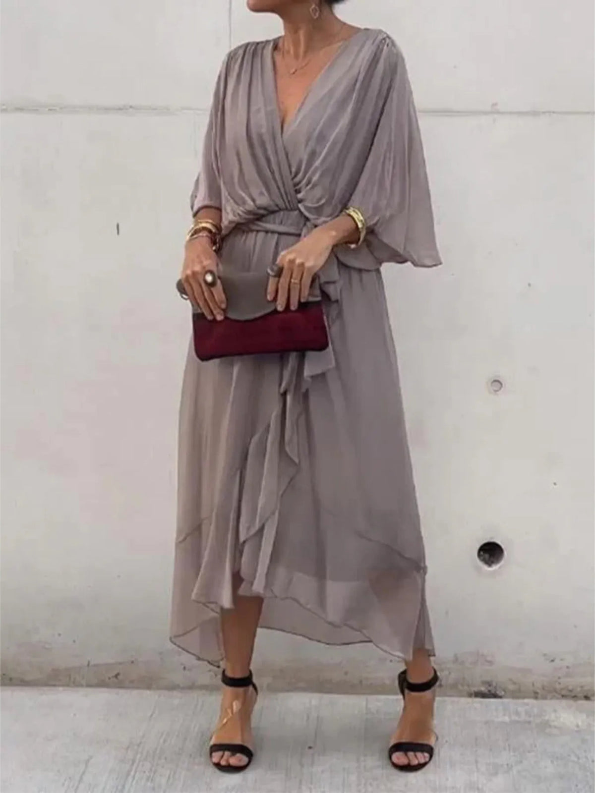 Full Size Flowy Tie Front Midi Dress Flutter Sleeves Plus (28)