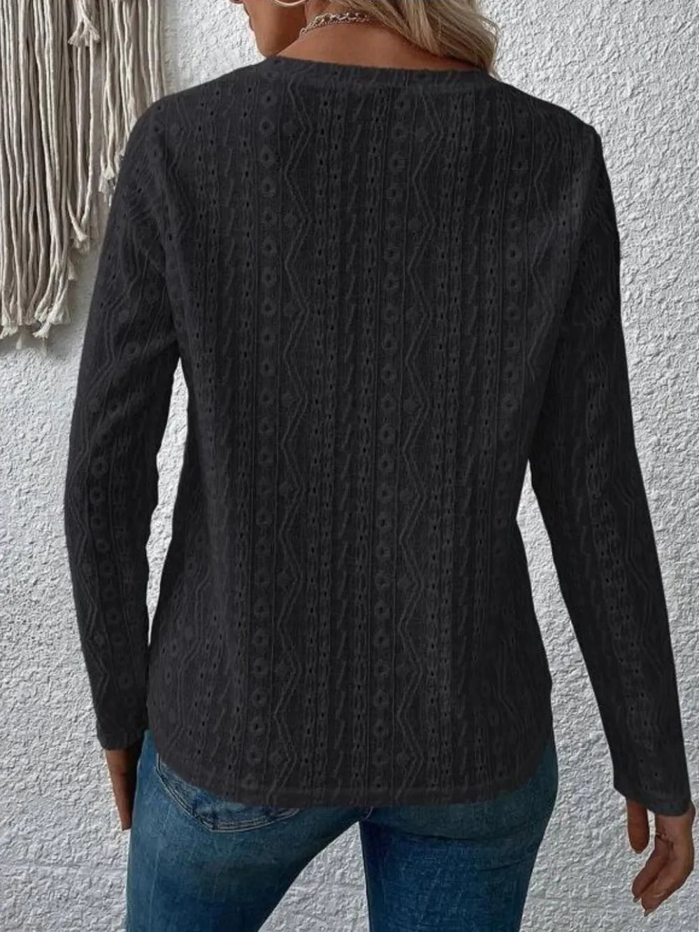 Eyelet Round Neck Long Sleeve Blouse (6)
