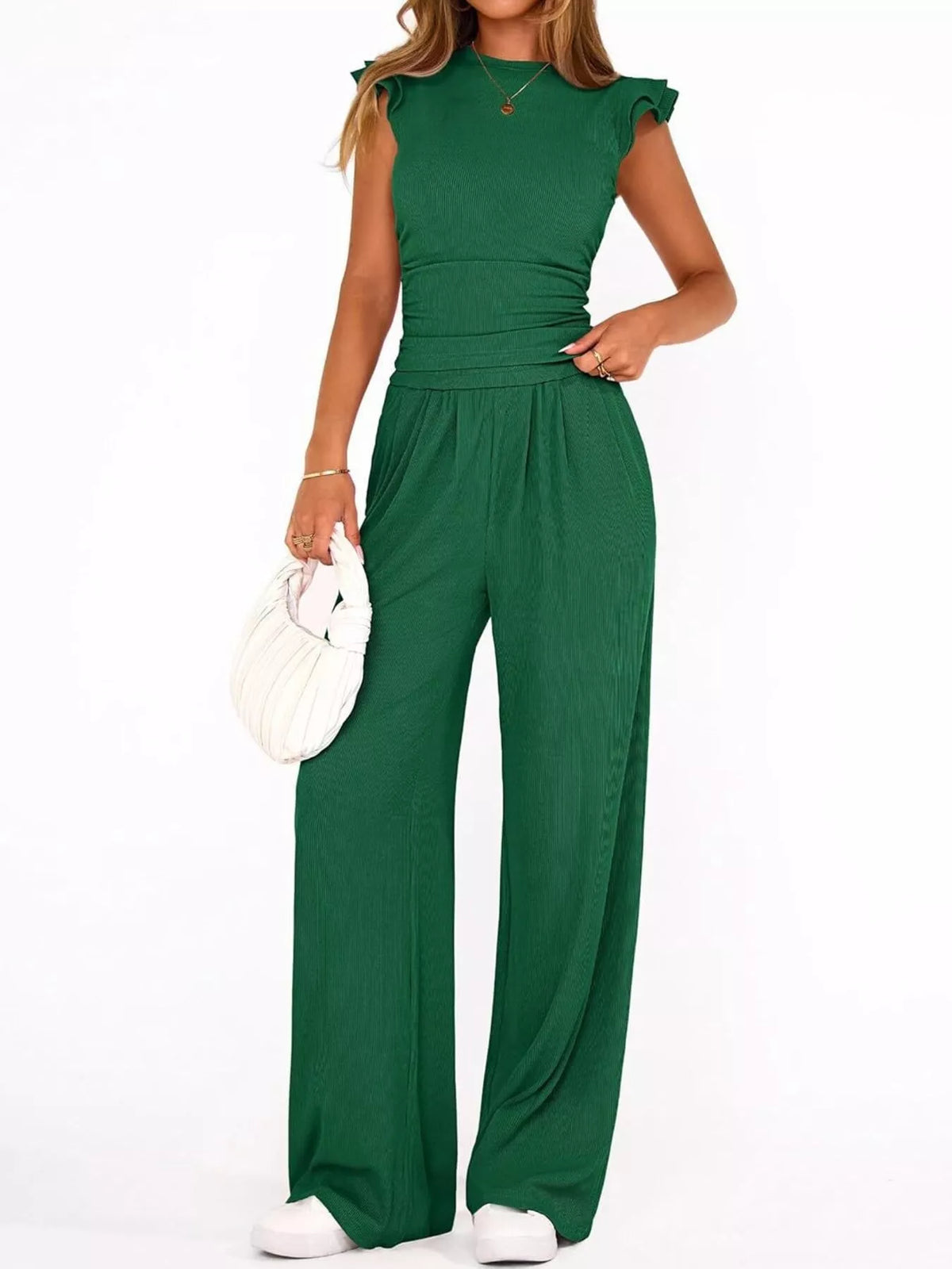 Ruffled Mock Neck Top Wide Leg Pants Set (18)