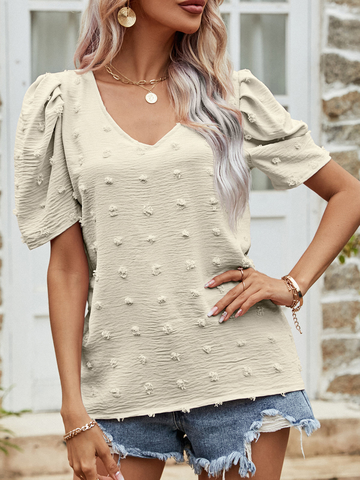 Swiss Dot Short Puff Sleeve Top (4)