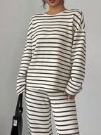 Striped Knit Dropped Shoulder Top Pants Set (3)