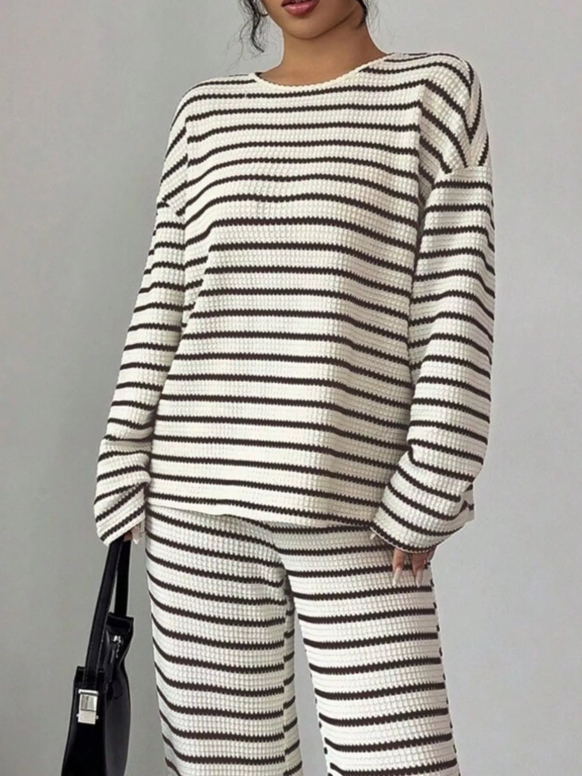 Striped Knit Dropped Shoulder Top Pants Set (3)