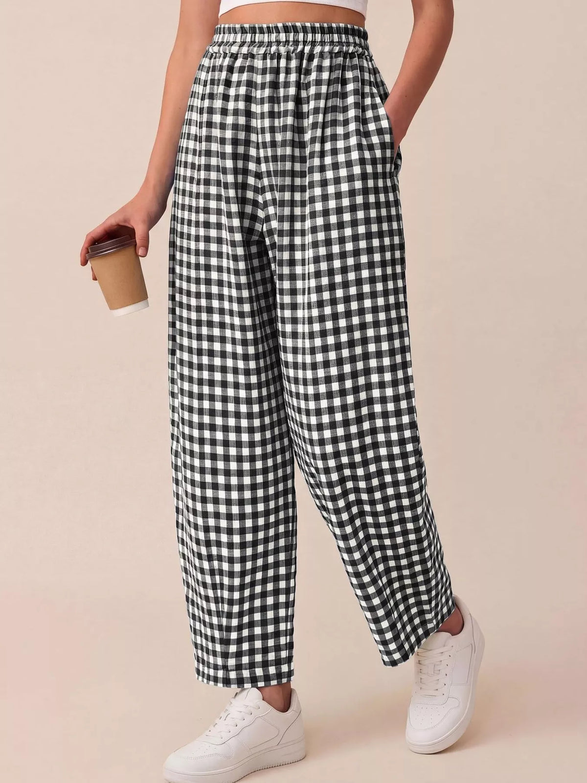 Gingham Wide-leg Casual Pants (2)