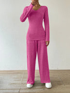 Ribbed V-neck Long Sleeve Top Pocketed Pants Set (19)