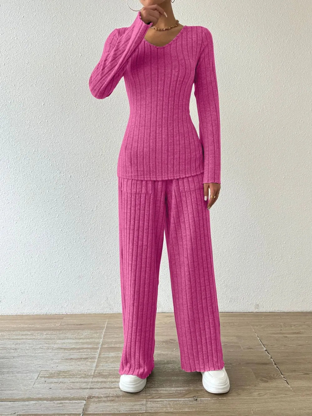Ribbed V-neck Long Sleeve Top Pocketed Pants Set (19)