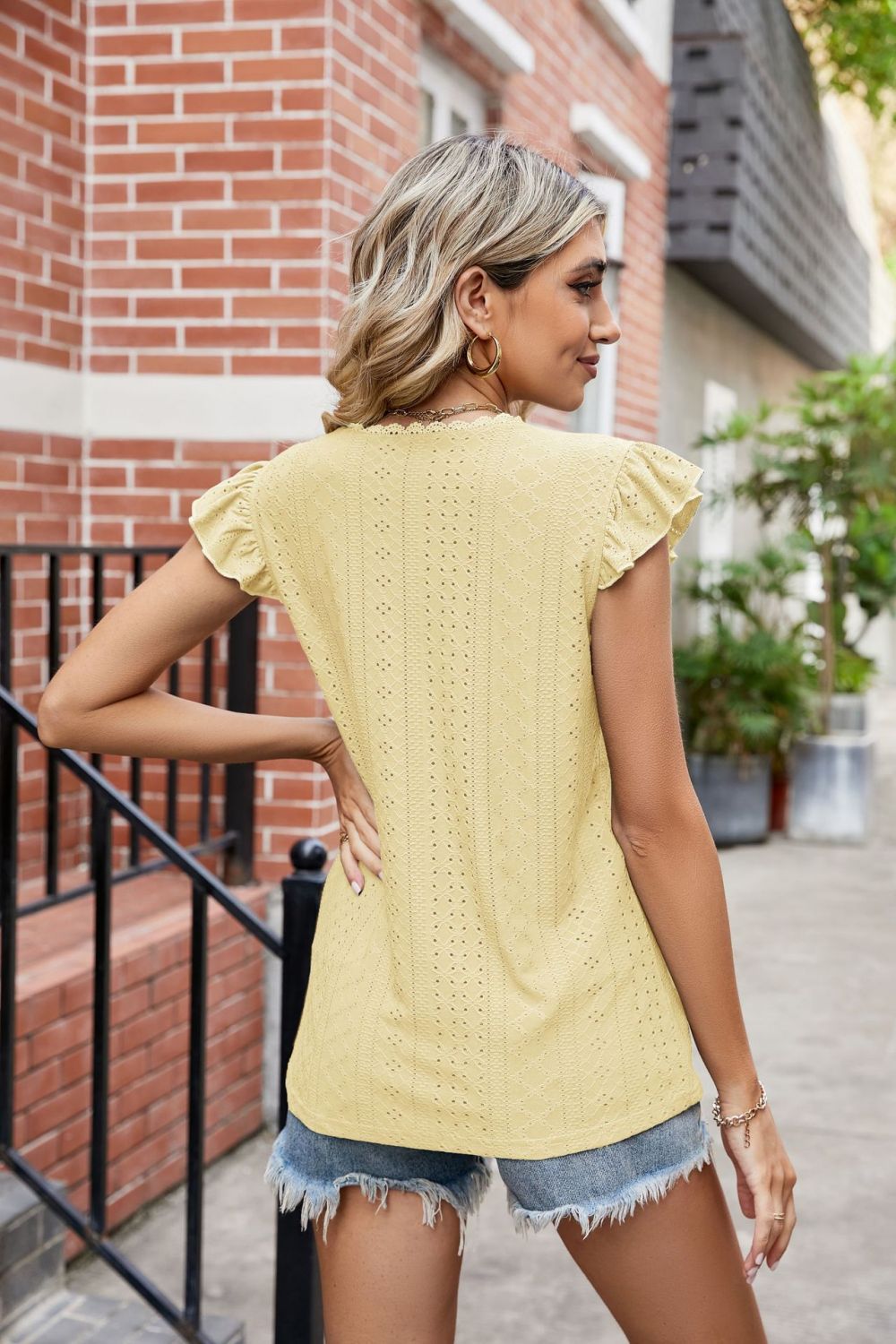 Eyelet Flutter Sleeve Scalloped V-neck Top (12)