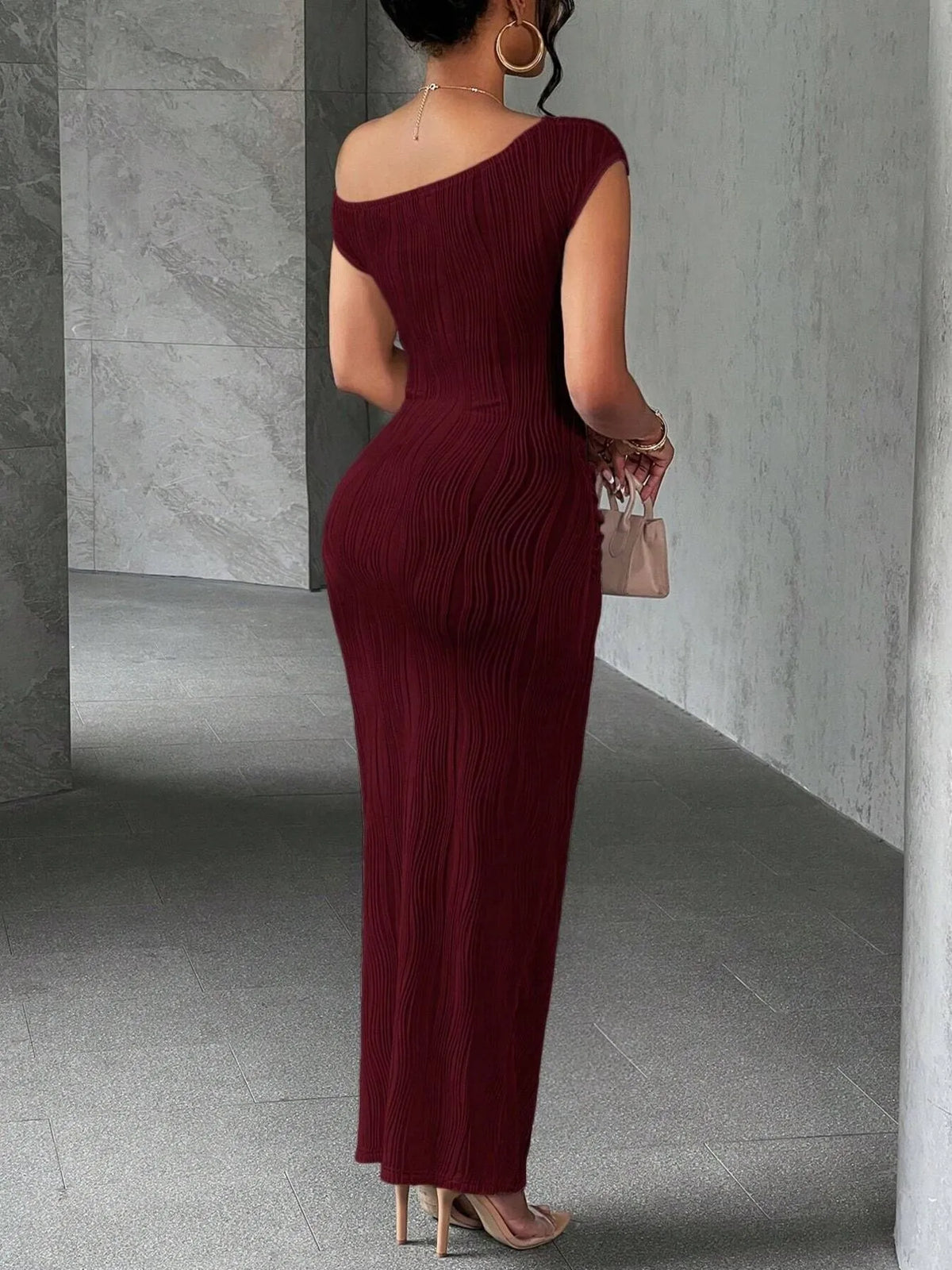 Textured Single Shoulder Bodycon Maxi Dress (8)