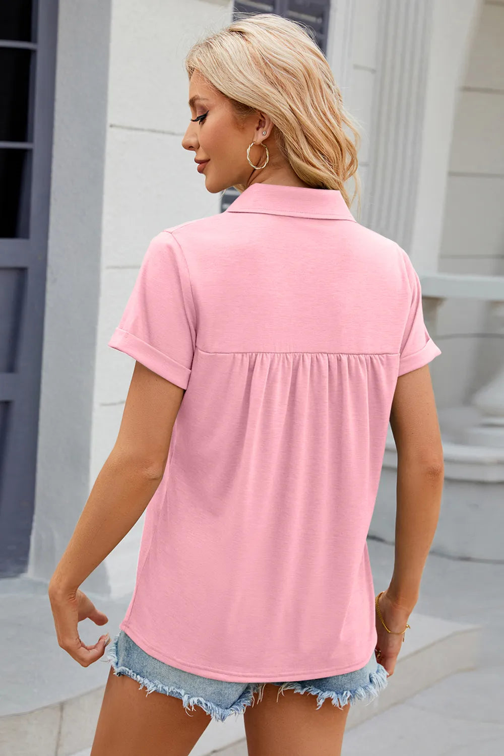 Ruched Johnny Collar Short Sleeve Blouse (20)
